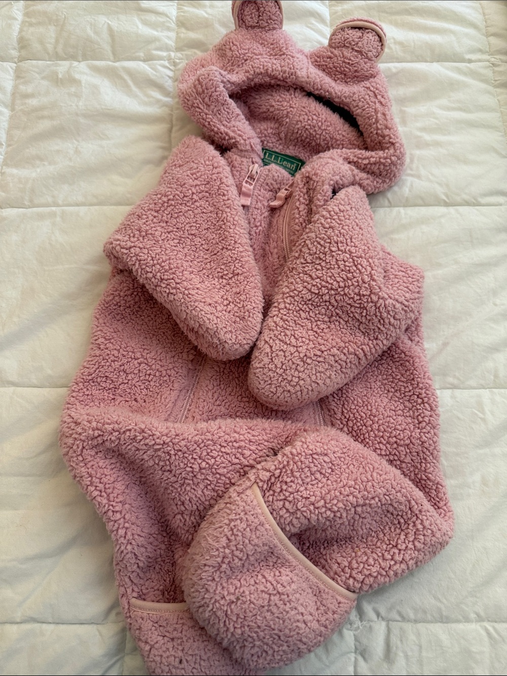 L.L.Bean Pink Sherpa Teddy Hooded Baby Onepiece Bunting, 0 to 3 mo, new